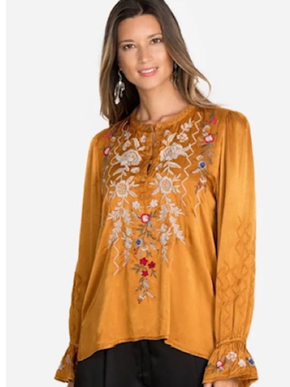 Johnny Was GOLD Embroidered Peasant Blouse M. NWT.
